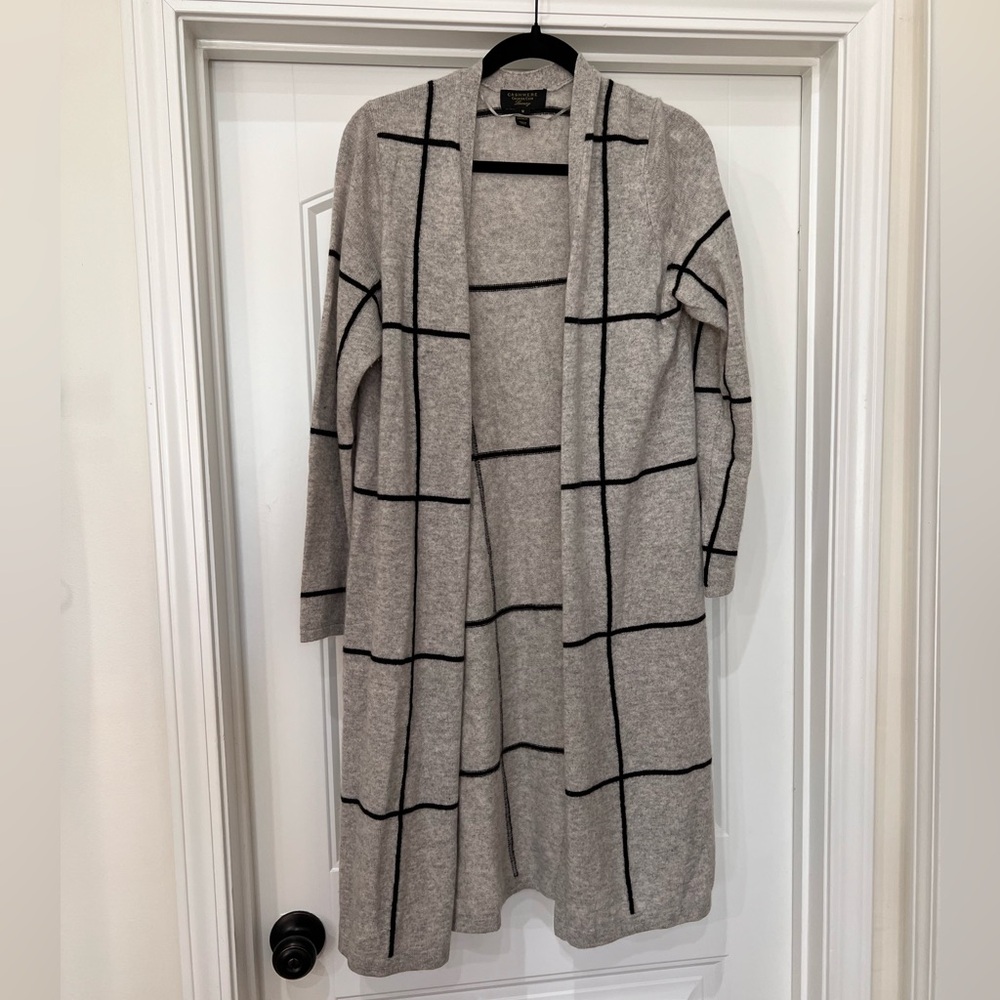 Charter Club Gray Checkered Long cashmere cardigan